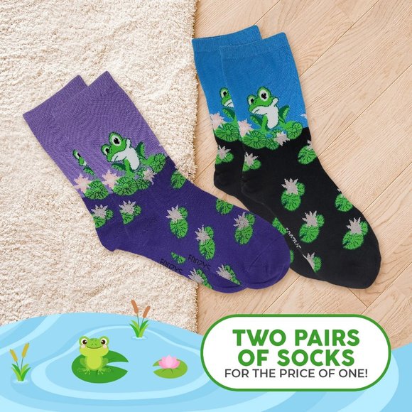 Frog on Lily Frogs Tadpole Amphibian Bullfrog Toad Foozys Socks 2 Pairs Women's - Picture 3 of 5